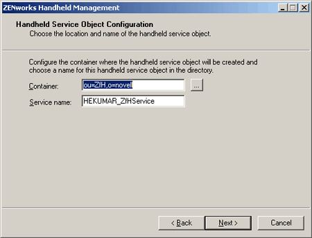 Handheld Service Object Configuration page