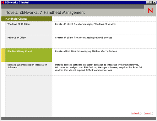 RIM BlackBerry Client selection page