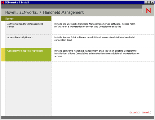 Handheld Management ConsoleOne Snap-ins selection page