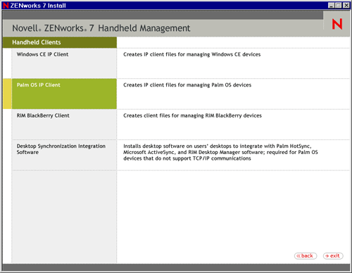 Palm OS IP Client selection page