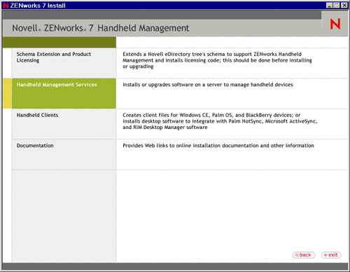 Handheld Management Services selection page