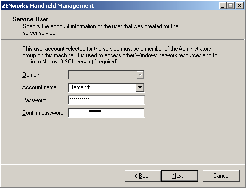 Service User dialog box