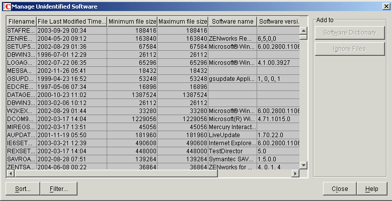 Manage Unidentified Software table