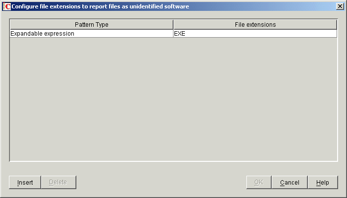 Configure File Extensions to Report Files as Unidentified Software table 