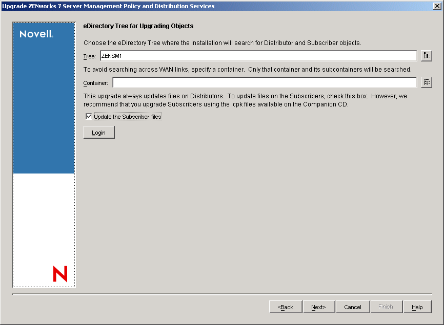 eDirectory Tree for Upgrading Objects page