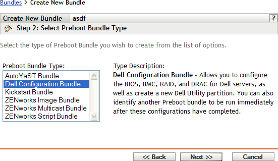 Step 2 page for creating a new bundle: Select Preboot Bundle Type