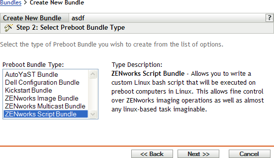 Step 2 page for creating a new bundle: Select Preboot Bundle Type