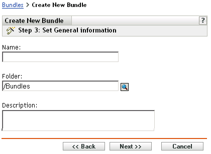 Step 3 page for creating a new bundle: Set General Information (Name, Folder, and Description fields)