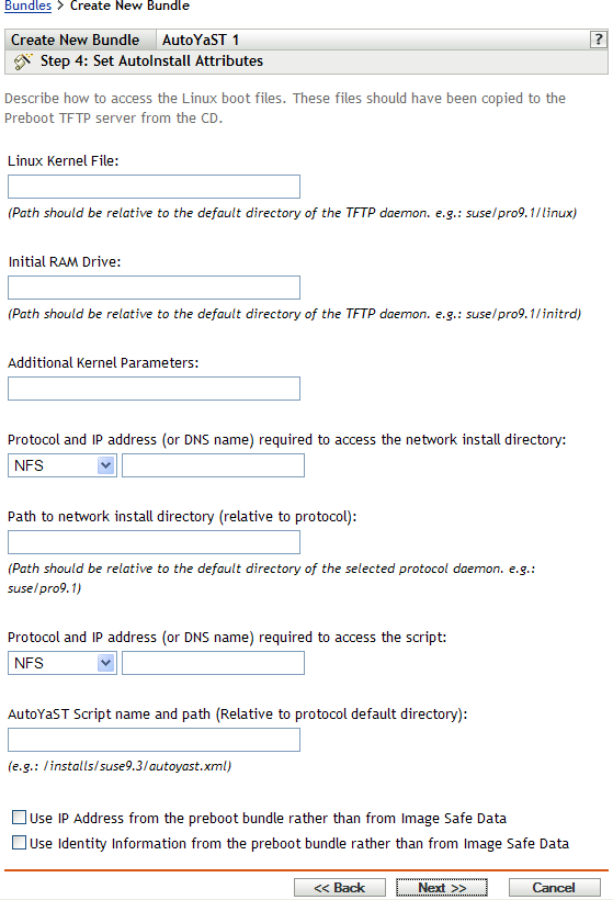 Step 4 page for creating a new bundle: Set Autoinstall Attributes (Linux Kernel File and Initial RAM Drive fields)