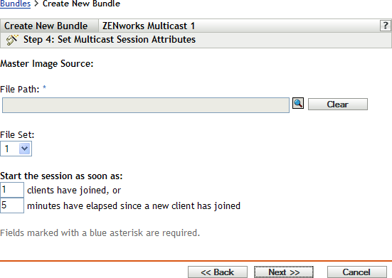 Step 4 for creating a new bundle: Master Image Source (File Path and File Set fields)