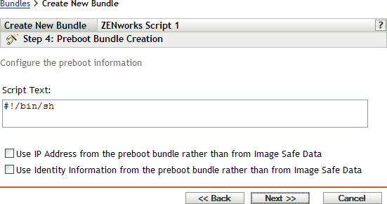 Step 4 page for creating a new bundle: Preboot Bundle Creation (Script Text field)