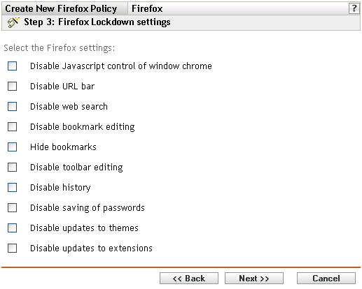 Firefox Lockdown Settings page