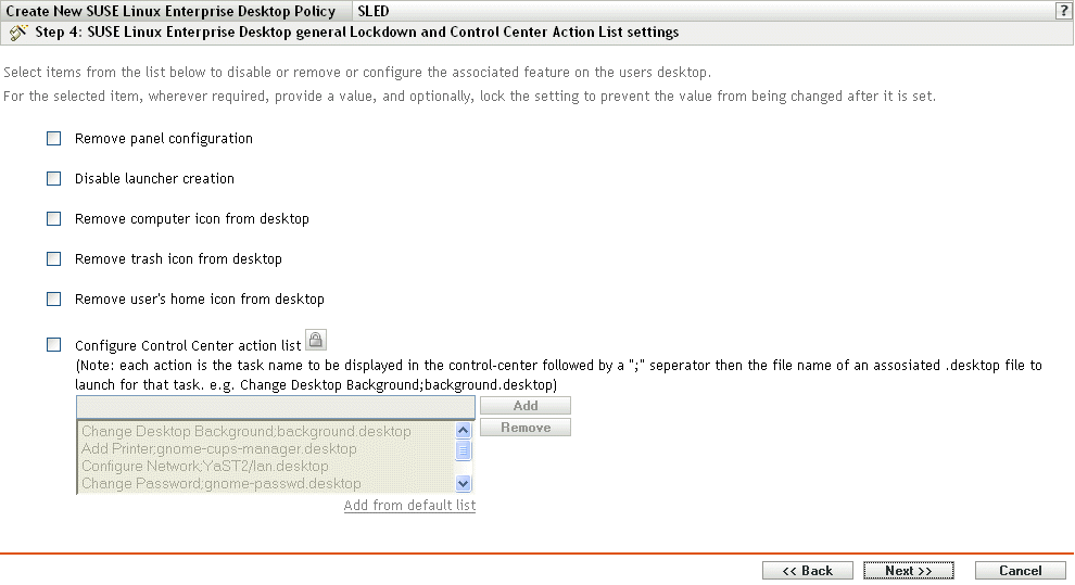 SUSE Linux Enterprise Desktop General Lockdown and Control Center Action List Settings page
