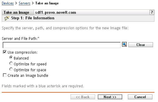 Step 1 page for creating a new bundle: File Information (Server and File Path, Use Compression, and Create an Image Bundle fields)