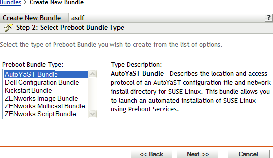 Step 2 page for creating a new bundle: Select Preboot Bundle Type