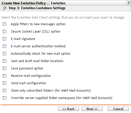 Evolution Lockdown Settings page