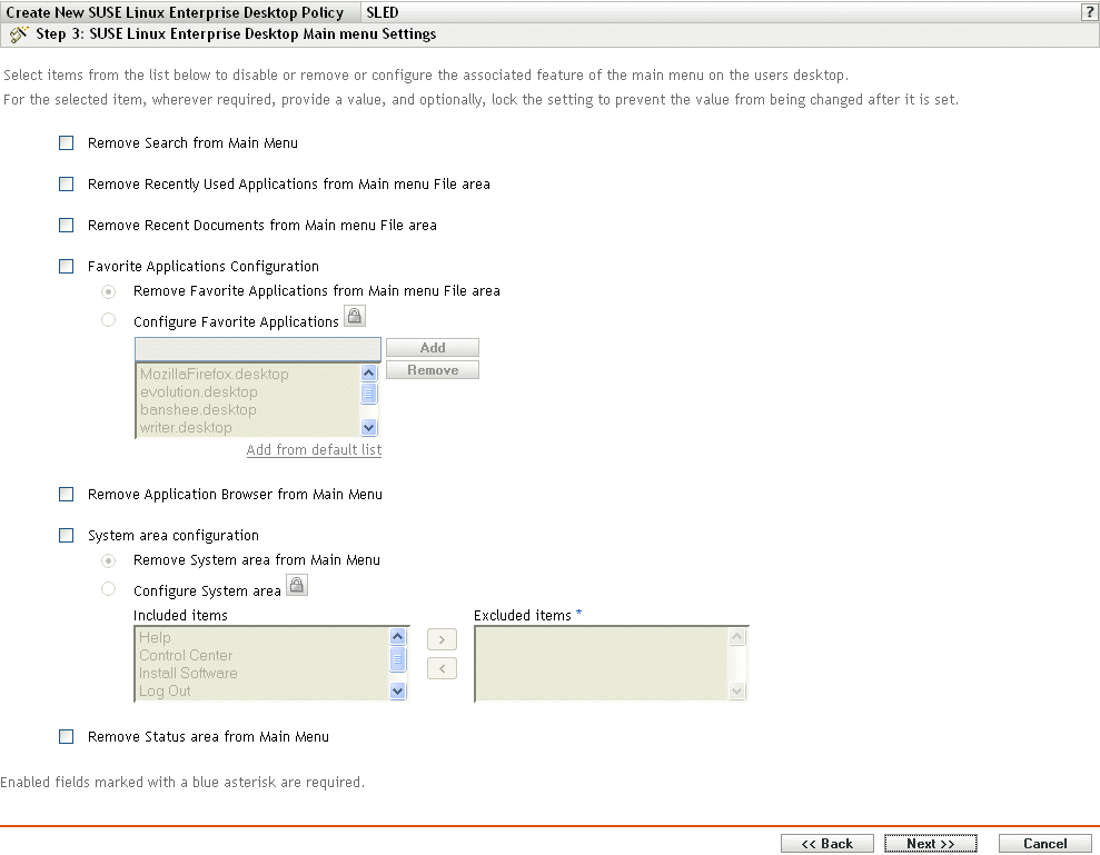 SUSE Linux Enterprise Desktop Main Menu Settings page