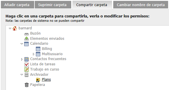 Vista de derechos de acceso de la carpeta compartida