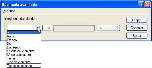 Recuadro de diálogo Búsqueda avanzada