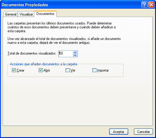 Recuadro de diálogo Propiedades del documento con la pestaña Documentos abierta