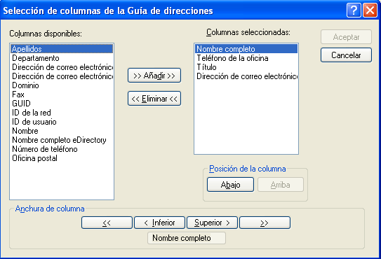 Recuadro de diálogo Selección de columnas de la Guía de direcciones