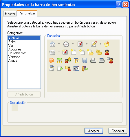 pestaña Personalizar de las propiedades de la barra de herramientas