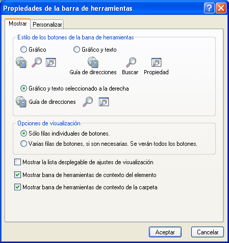 pestaña Mostrar de las propiedades de la barra de herramientas