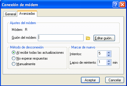 Recuadro de diálogo Conexión de módem con la pestaña Avanzadas abierta