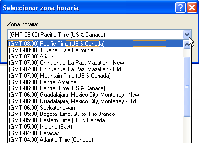 Recuadro de diálogo Seleccionar zona horaria