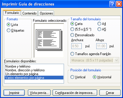 Recuadro de diálogo Imprimir guía de direcciones