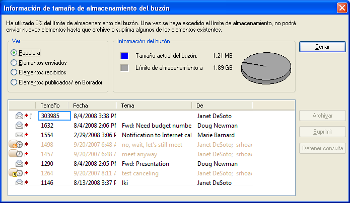 Recuadro de diálogo Información de tamaño de almacenamiento del buzón