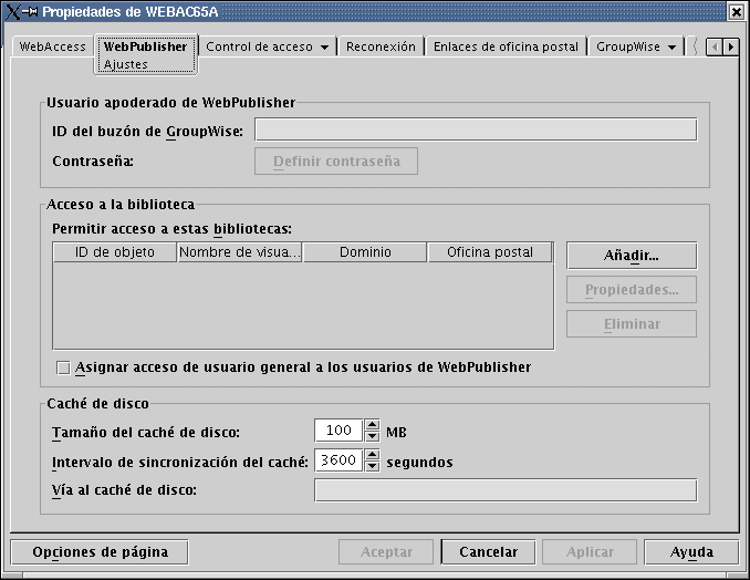 pgina de propiedades de WebPublisher