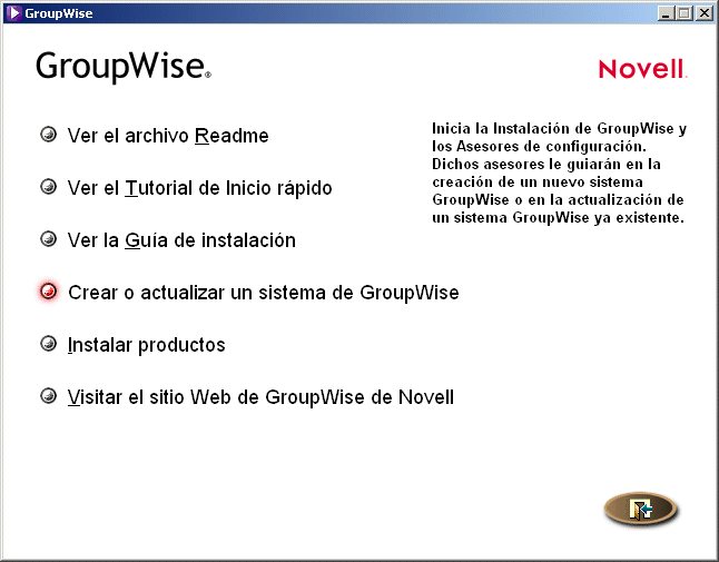 pgina principal de instalacin de GroupWise