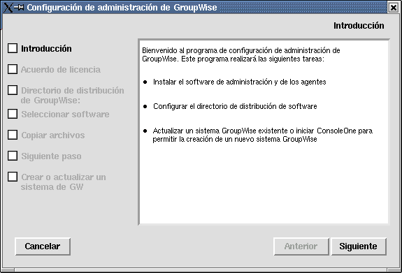 pgina Introduccin del Asesor de instalacin de GroupWise en Linux