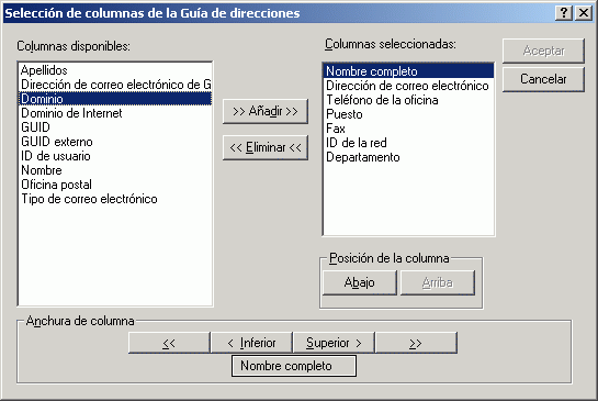 Recuadro de dilogo Seleccin de columnas de la Gua de direcciones