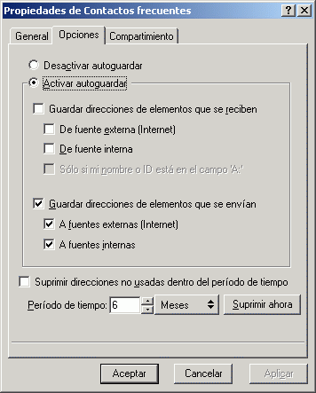 Recuadro de dilogo Propiedades de contactos frecuentes con la pestaa Opciones abierta