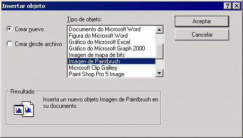 Recuadro de dilogo Insertar objeto