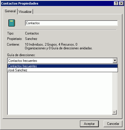 Recuadro de dilogo Propiedades de la carpeta Contactos