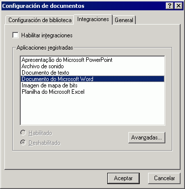 Recuadro de dilogo Configuracin de documentos con la pestaa Integraciones abierta