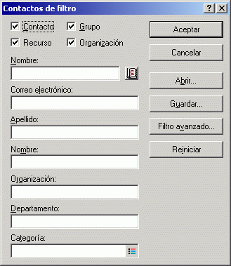 Recuadro de dilogo Contactos de filtro