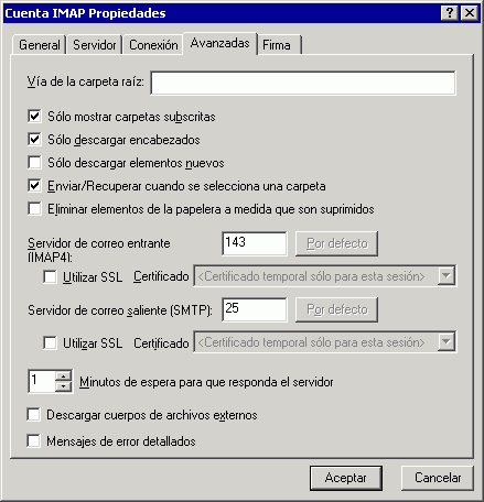 Recuadro de dilogo Propiedades de cuenta IMAP con la pestaa Avanzadas abierta