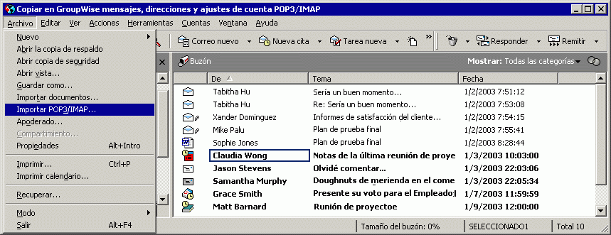 Vista Buzn con la opcin Importar POP3/IMAP en el men Archivo