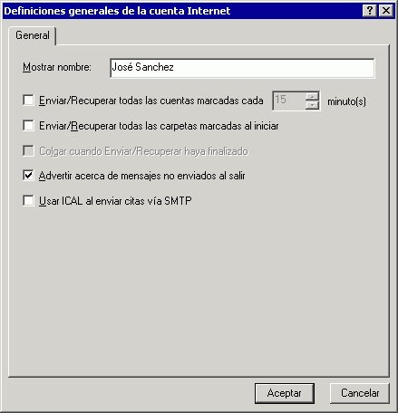 Recuadro de dilogo Definiciones generales de la cuenta Internet