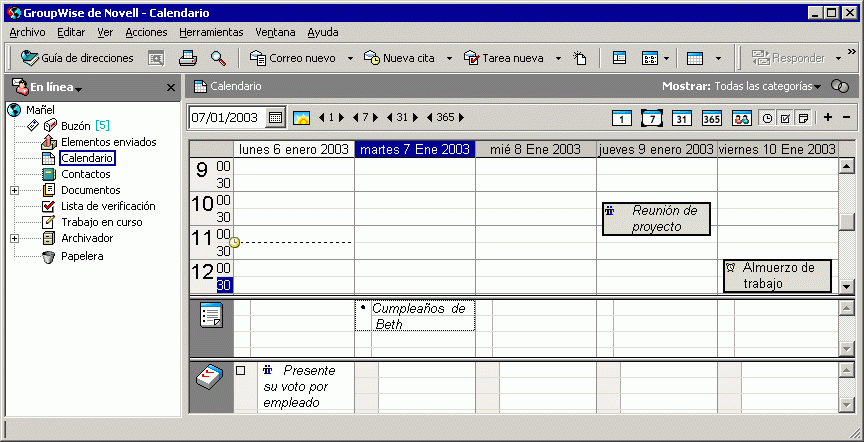 Vista Calendario con una lista de recordatorios abierta