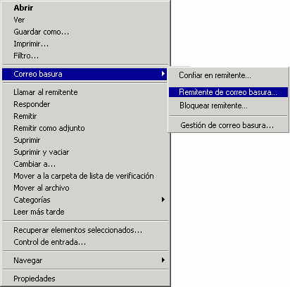 Men con opciones de Correo basura