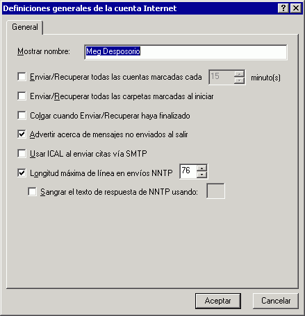 Recuadro de dilogo Definiciones generales de la cuenta Internet