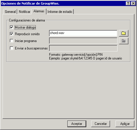Recuadro de dilogo Opciones de notificacin con la pestaa Alarmas abierta
