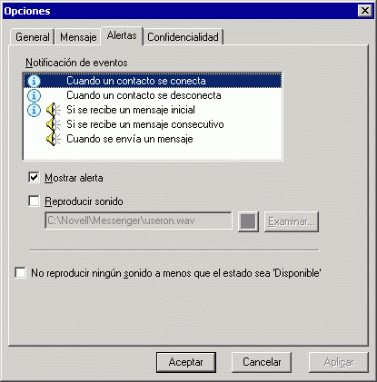 Recuadro de dilogo Opciones con la pestaa Alertas