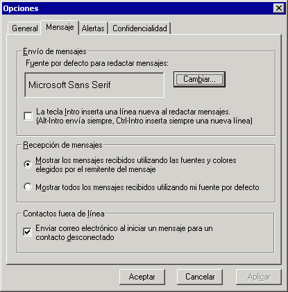 Recuadro de dilogo Opciones con la pestaa Mensaje