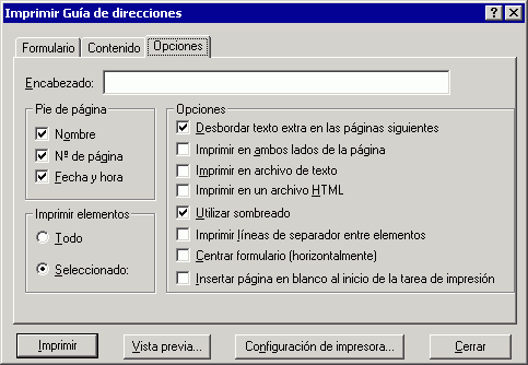 Recuadro de dilogo Imprimir Gua de direcciones con la pestaa Opciones abierta